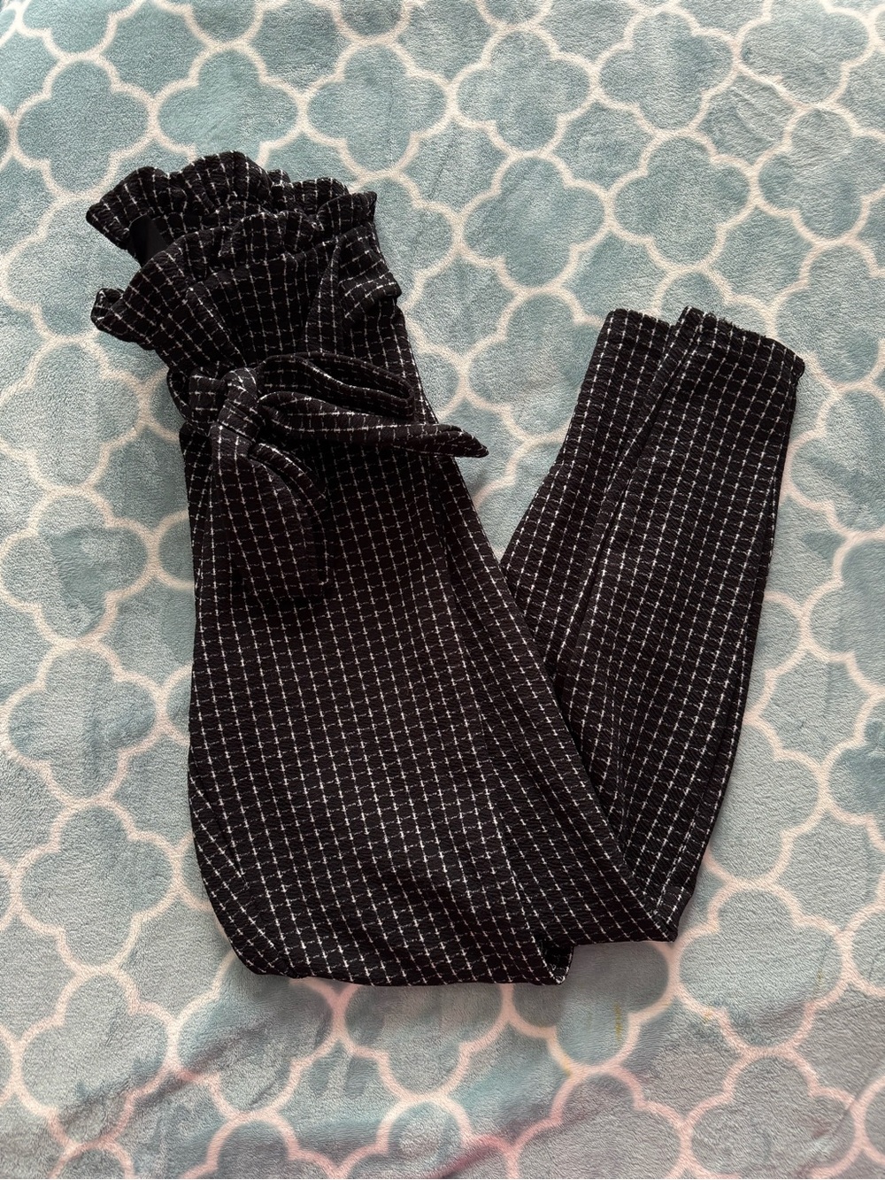 SHEIN Black Windowpane Paperbag Waist Skinny Pants